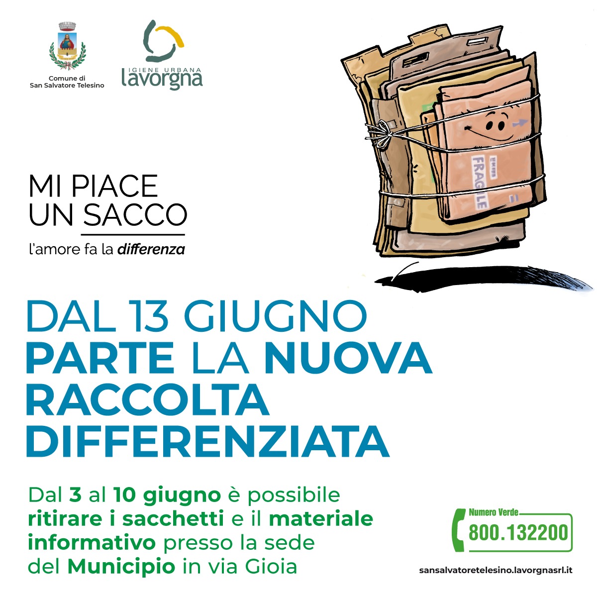 Dal 13 giugno la nuova raccolta differenziata. Ritira i sacchetti