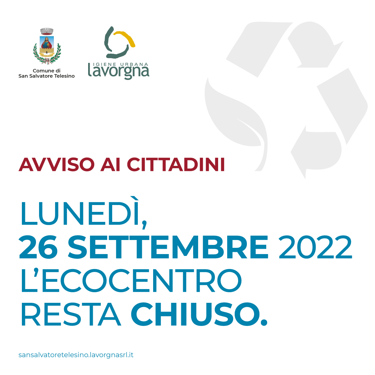 [AVVISO] Lunedì 26 settembre l’ecocentro sarà chiuso