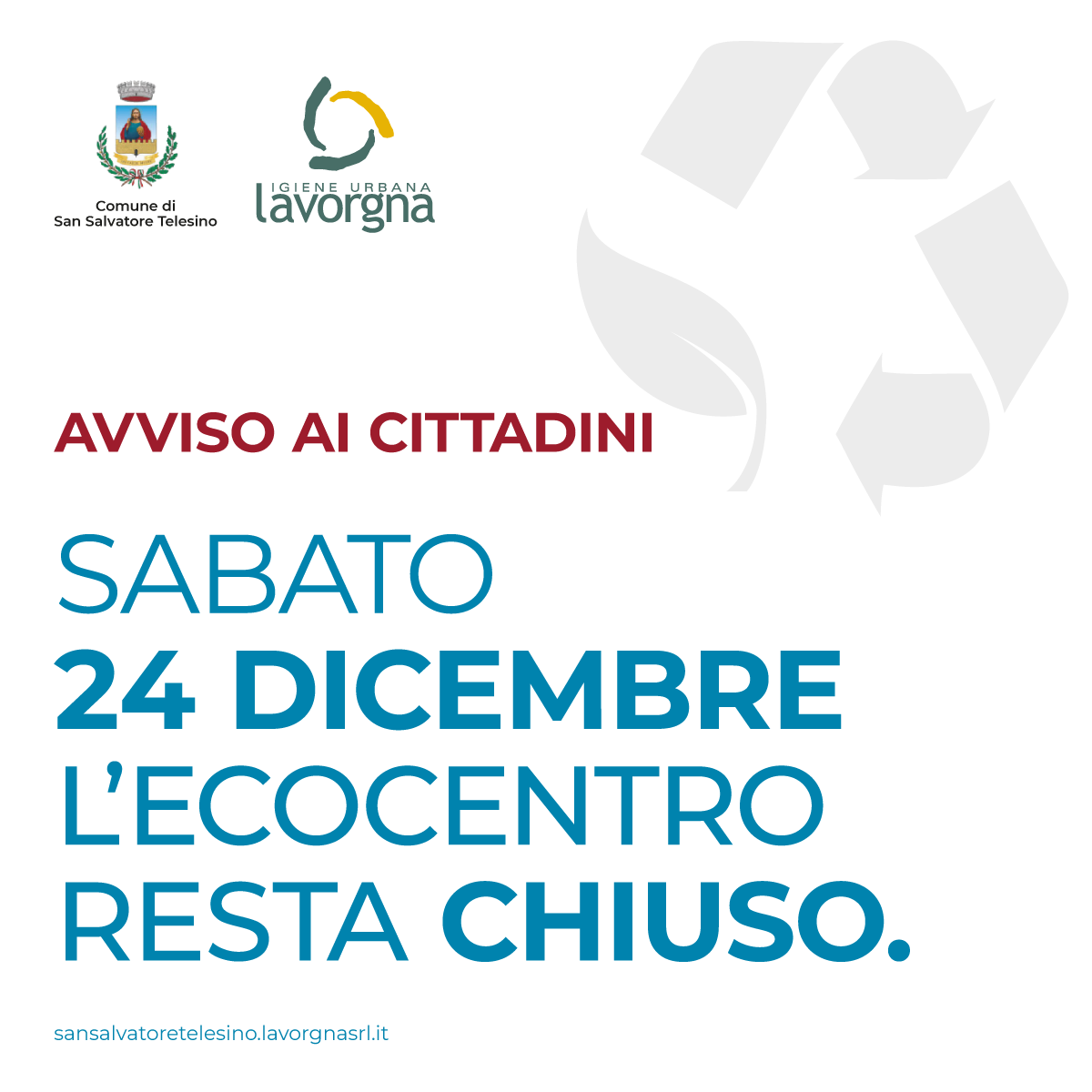 Sabato 24 dicembre l’ecocentro sarà chiuso