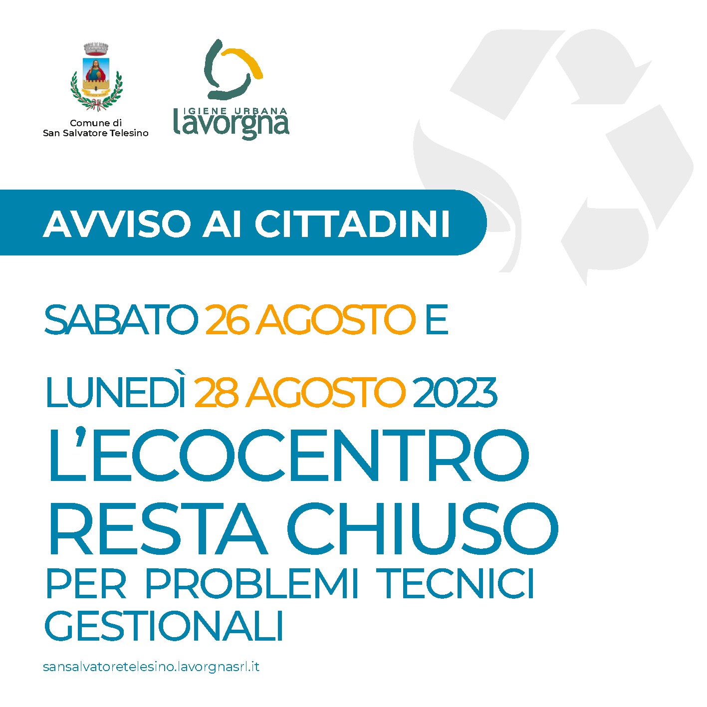 Chiusura ecocentro sabato 26 e lunedì 28 agosto 2023