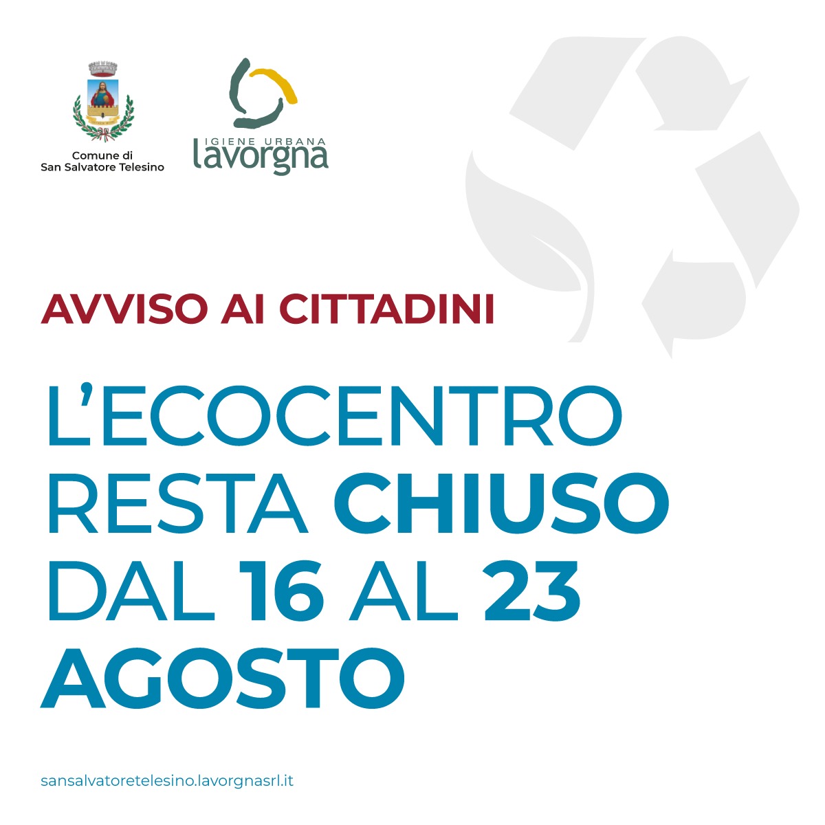 L’ecocentro comunale resterà chiuso dal 16 al 23 agosto 2025